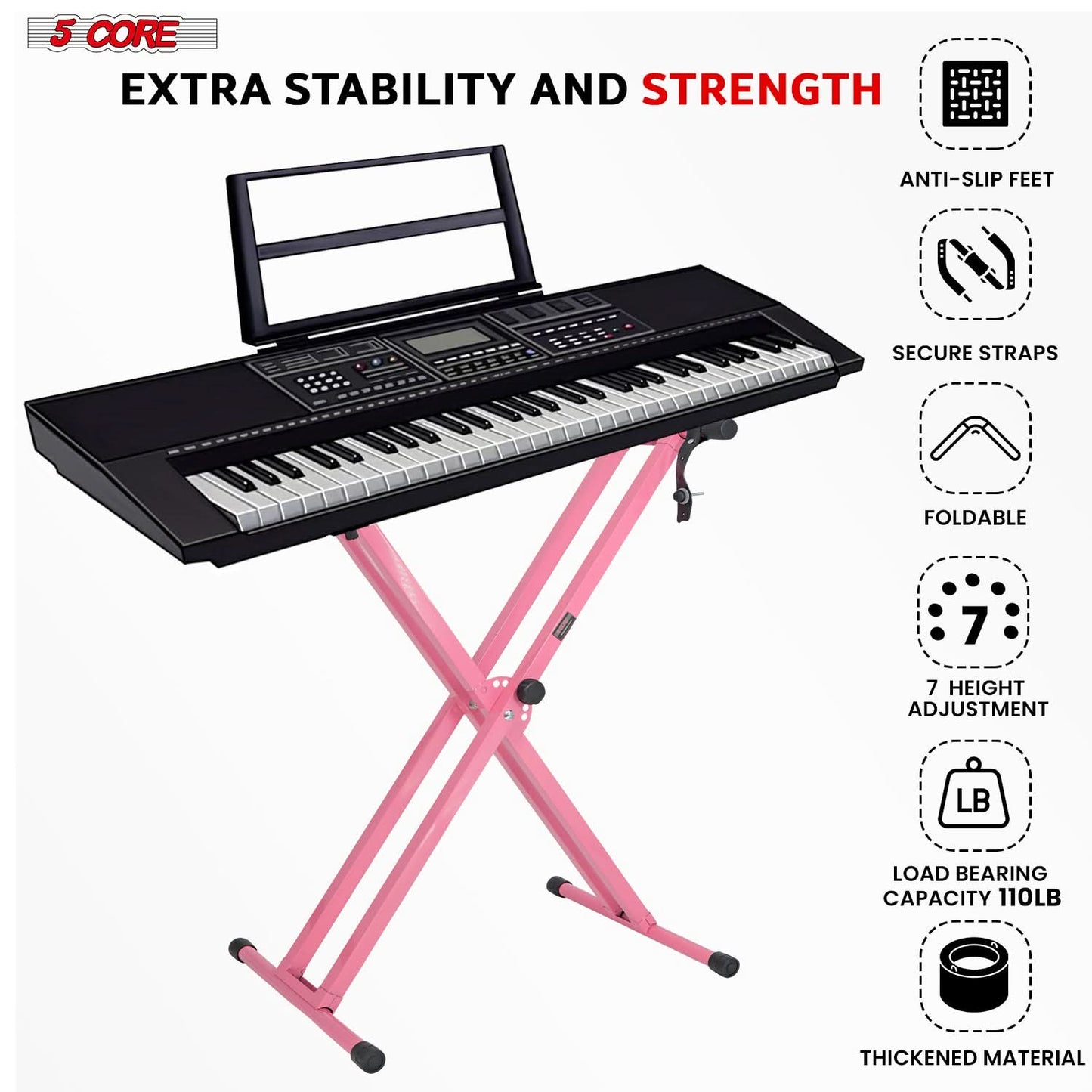 5Core Keyboard Stand Double X Style Adjustable Lift Piano Riser For 49 To 88 Keys BABY PINK-4